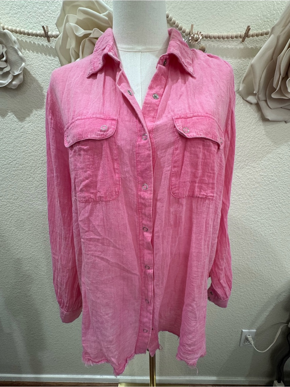 Elan Pink Button-Front Linen Blend Shirt